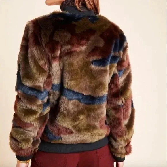 Anthropologie Marrakech Alyssa Green Camo Faux Fur Bomber Jacket - Picture 2 of 12